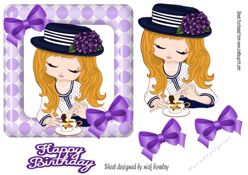 Afternoon tea with girl blond hair in purple polkadot frame