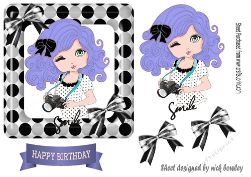 Smile for the camara cute little girl purple hair in polkadot frame