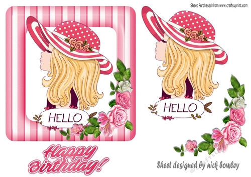 Girl in hat in pink striped frame with roses