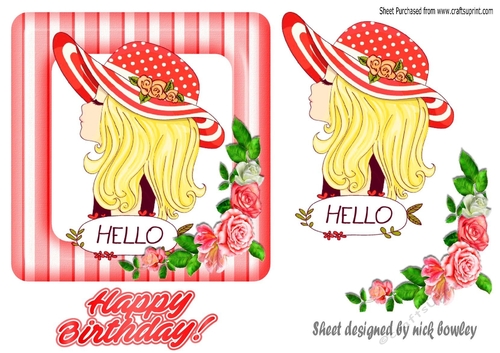Girl in hat in red striped frame with roses