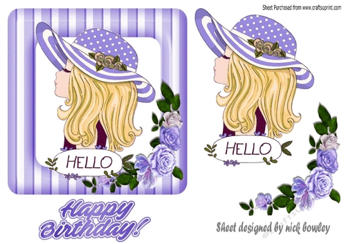 Girl in hat in purple striped frame with roses