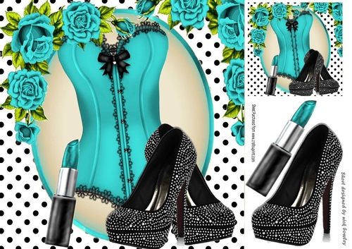 Sexy turq /black basque with polkadot and turq roses 8x8