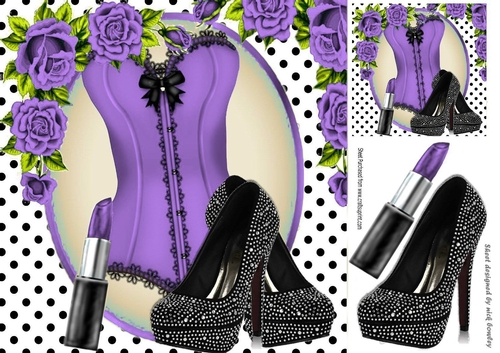 Sexy purple /black lace basque with polkadot and roses 8x8