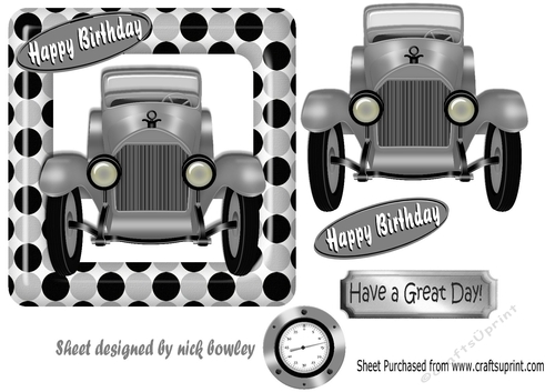 Vintage silver motor car in polkadot frame