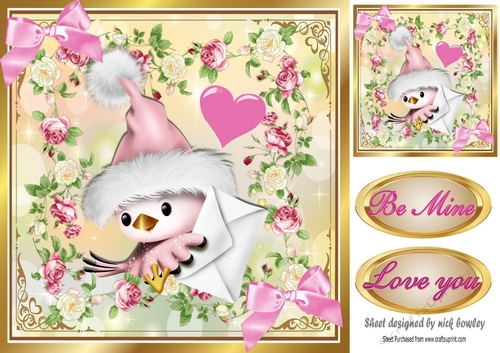 Cute little bird delivering a valentine letter  in rose frame 8x8