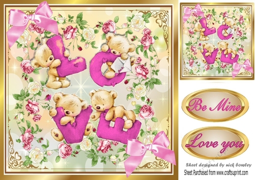 LOVE teddy bears, in frame of pink roses 8x8