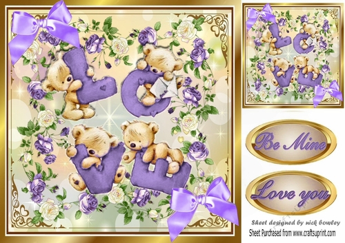 LOVE teddy bears, in frame of purple roses 8x8