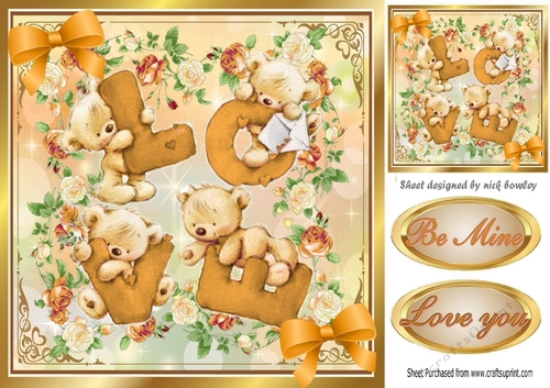 LOVE teddy bears, in frame of gold roses 8x8