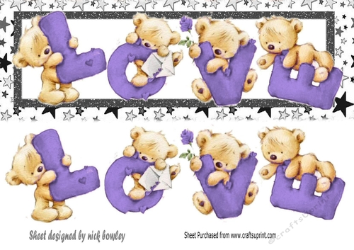 Four lovely love bears purple with stars DL