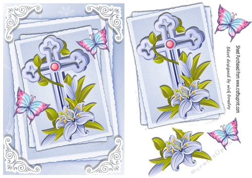 Pretty blue cross with lilies and butterflies stacked topper/card front A5