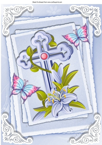 Pretty blue cross with lilies and butterflies stacked topper/card front A4