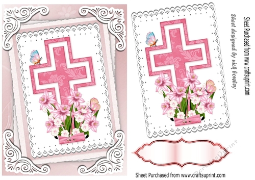 Pretty pink cross with daffs on lace stacked topper/card front A5