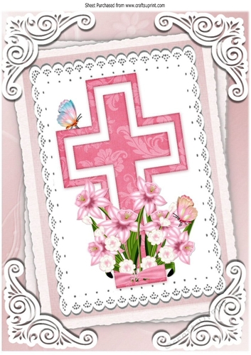 Pretty pink cross with daffs on lace stacked topper/card front A4
