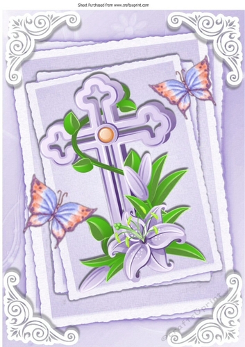 Pretty lilac/purple cross with lilies and butterflies stacked topper/card front A4