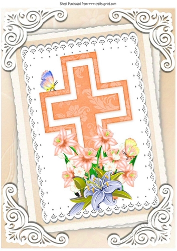 pretty peach cross with daffs and lilac lillies on lace A4