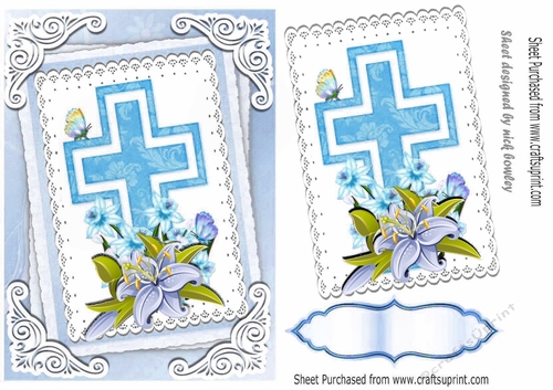 pretty blue cross with daffs and lilac lillies on lace A5