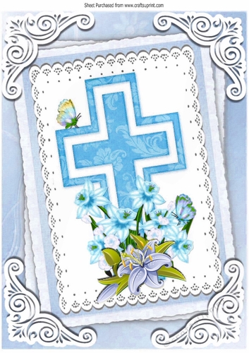 pretty blue cross with daffs and lilac lillies on lace A4