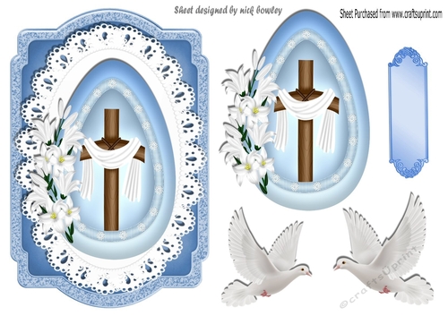 Pretty wooden cross in blue egg with lace, with doves, cardfront