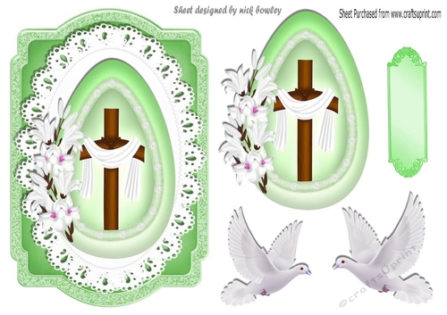 Pretty wooden cross in green egg with lace, with doves, cardfront
