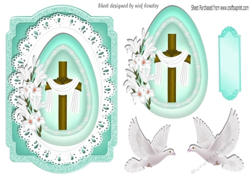 Pretty wooden cross in turq egg with lace, with doves, cardfront