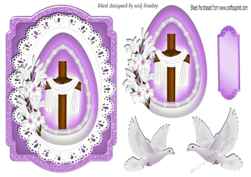 Pretty wooden cross in lilac egg with lace, with doves, cardfront