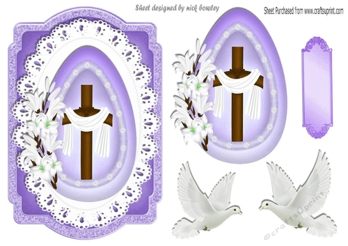 Pretty wooden cross in purple egg with lace, with doves, cardfront