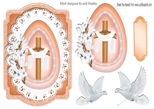 Pretty wooden cross in peach egg with lace, with doves, cardfront