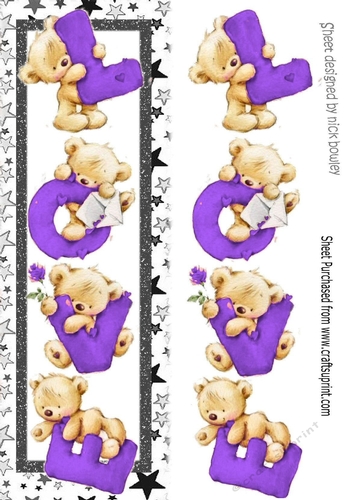 Four lovely love bears purple with stars TALL DL