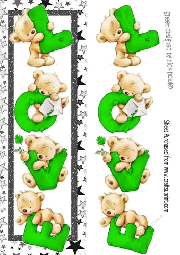 Four lovely love bears green with stars TALL DL