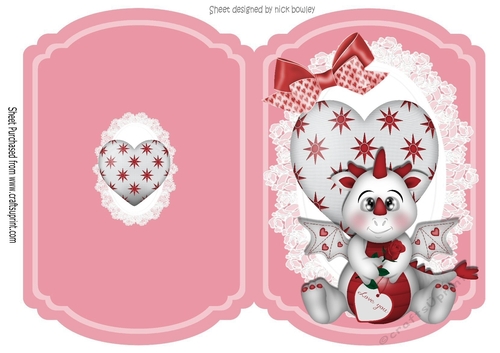 Cute Dragon with heart on lace rose pink cut and fold A5