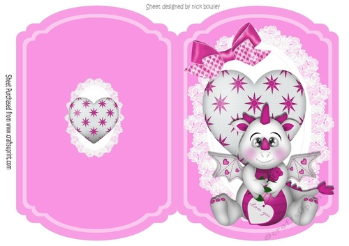 Cute Dragon with heart on lace cerise cut and fold A5