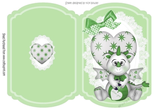 Cute Dragon with heart on lace green, cut and fold A5