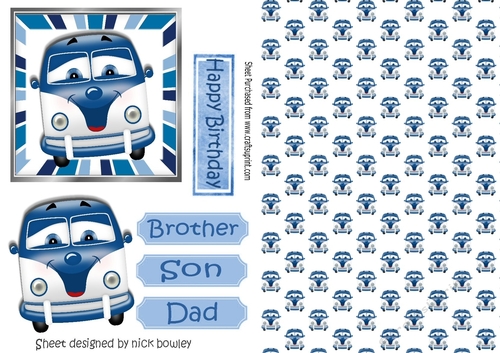BUILD A CARD Blue Toony Campervan in stripe frame A5 Card Front