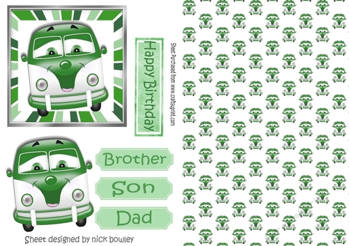 BUILD A CARD Green Toony Campervan in stripe frame A5 Card Front