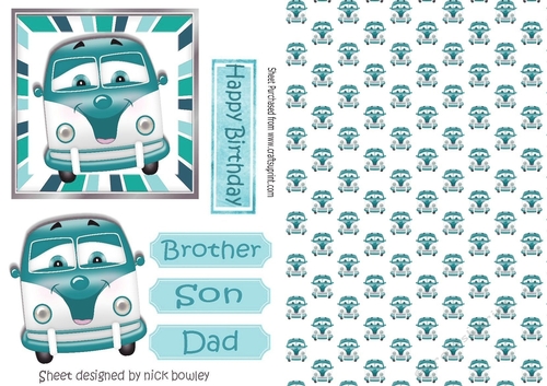 BUILD A CARD Turq Toony Campervan in stripe frame A5 Card Front