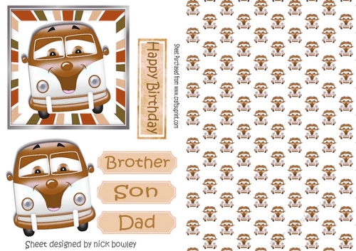 BUILD A CARD Brown Toony Campervan in stripe frame A5 Card Front