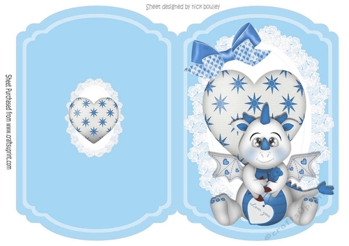 Cute Dragon with heart on lace blue cut and fold A5