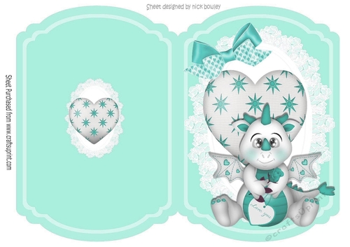 Cute Dragon with heart on lace turq cut and fold A5