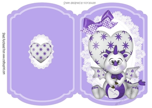 Cute Dragon with heart on lace purple cut and fold A5