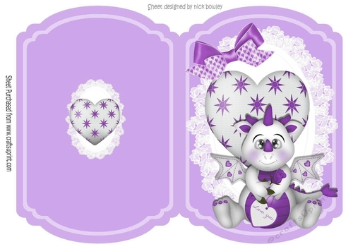 Cute Dragon with heart on lace lilac cut and fold A5