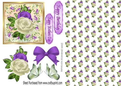 BUILD A CARD  With pretty purple/white roses in floral frame A5 Card Front