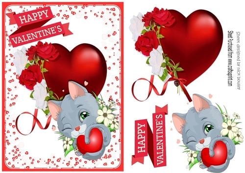 Pretty red heart with rose and cute kitty in heart frame A5