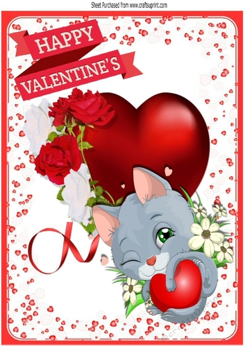 Pretty red heart with rose and cute kitty in heart frame A4