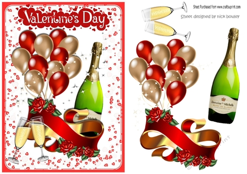 Made with love, balloons, hearts, roses and champagne for two A5
