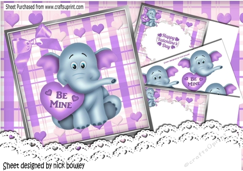 Cute little Valentine Ele with heart and purple bow 8x8 mini kit