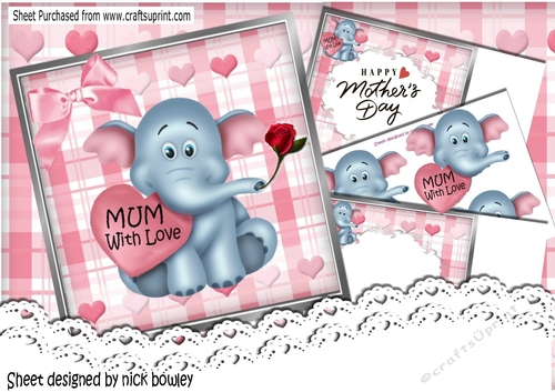 Cute little Ele with heart for (MOTHERS DAY) with red rose 8x8 mini kit