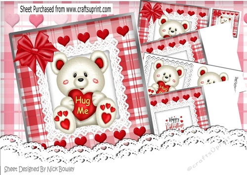 Cute white Hug Me Bear with red  heart on lace with bow 8x8 mini kit
