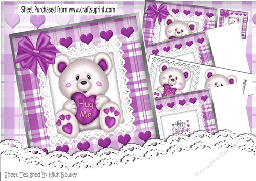 Cute white Hug Me Bear with purple  heart on lace with bow 8x8 mini kit