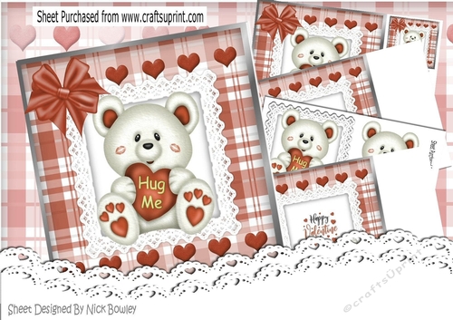 Cute white Hug Me Bear with brown  heart on lace with bow 8x8 mini kit