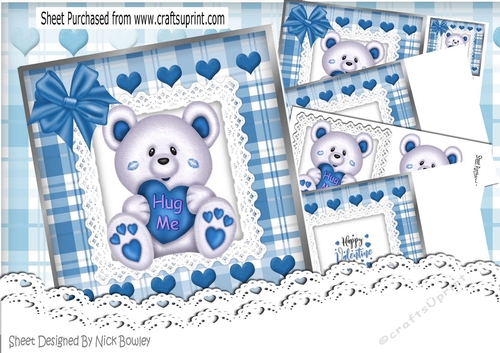 Cute white Hug Me Bear with blue  heart on lace with bow 8x8 mini kit